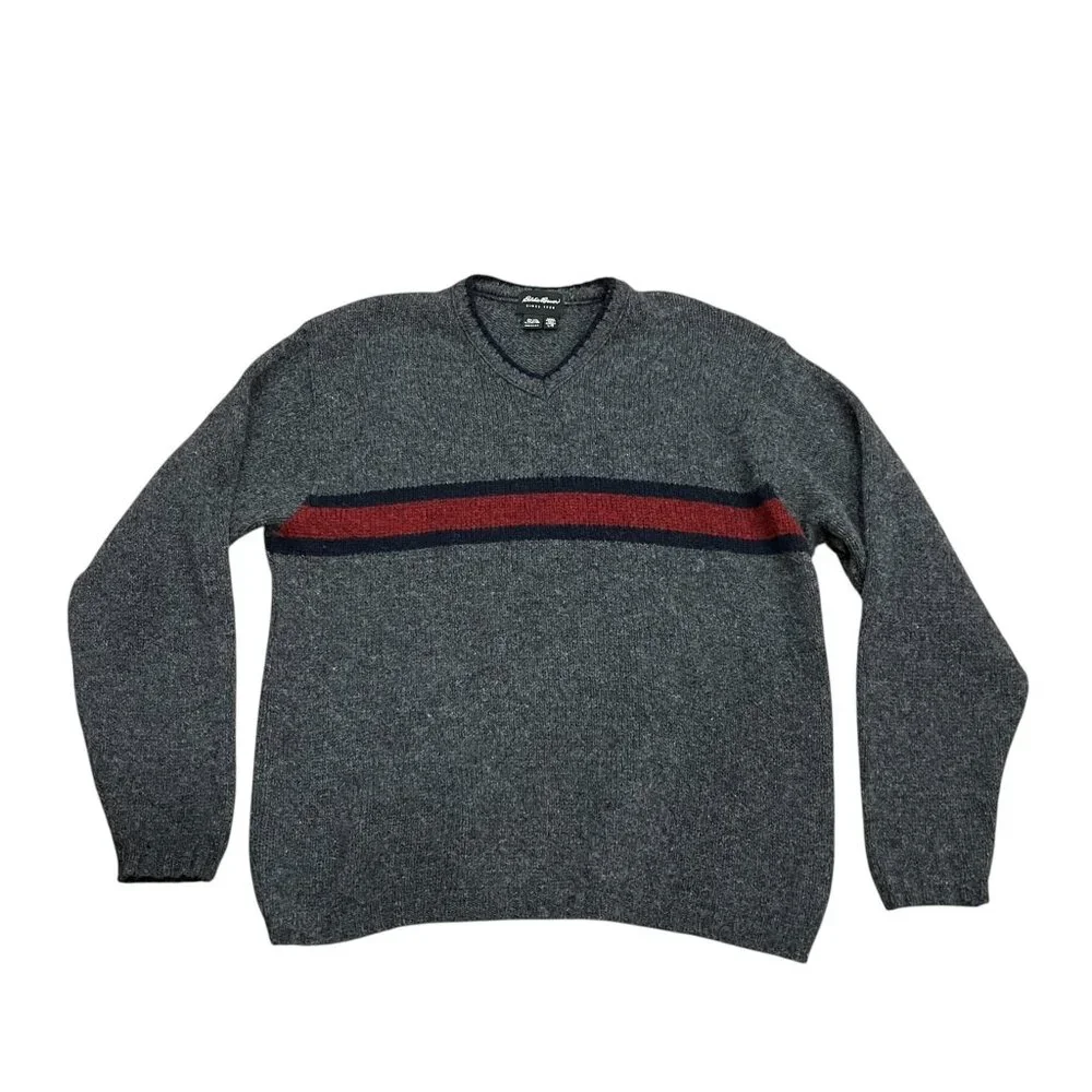 Eddie Bauer Vintage V-neck Wool Sweater, USA, Red Navy Stripe, Charcoal, L Tall